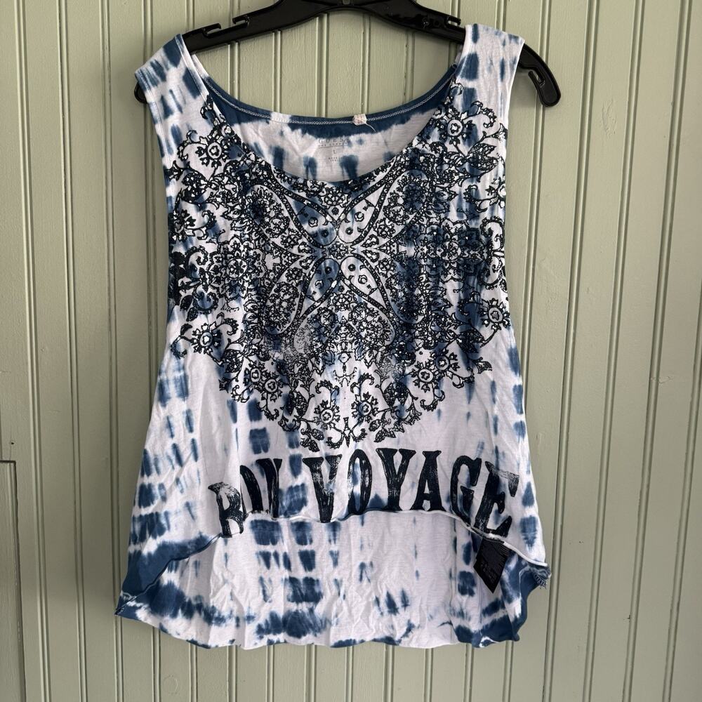 Guess Bon Voyage Crop Asymmetrical Tie-Dye Tank Top Blue White Large Cyber